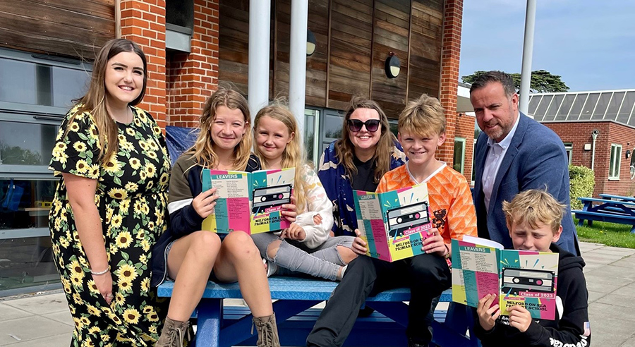 Pennyfarthing Homes’ Finance Director, Simon Willington and Bryony Owen, Marketing and Communications Assistant, with parent Kirsty O'Brien and Milford-On-Sea Year 6 School Pupils.